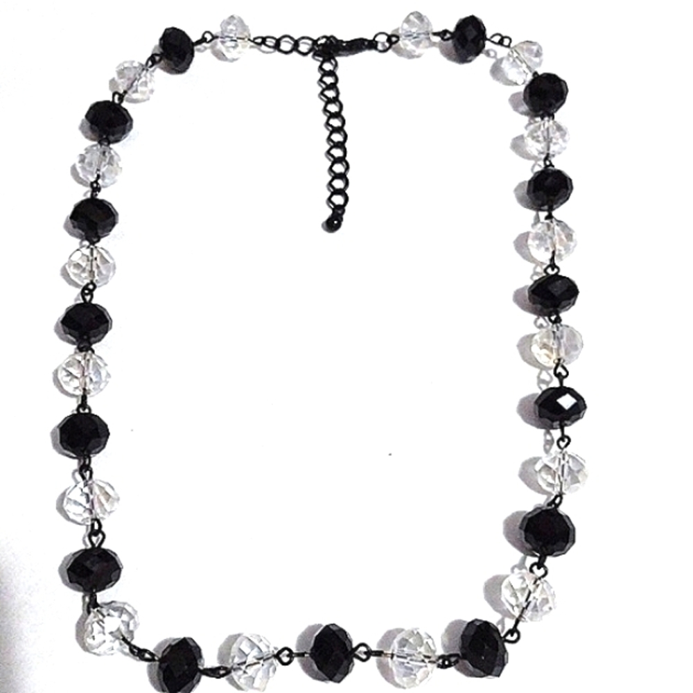 VINTAGE FACETED BLACK AND CLEAR GLASS BEADED BLACK GUNMETAL 20-23" NECKLACE - Picture 2 of 8